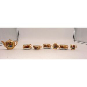 Vintage Lusterware Childs Floral Porcelain 10 Piece Orange/Peach & Blue TeaSet